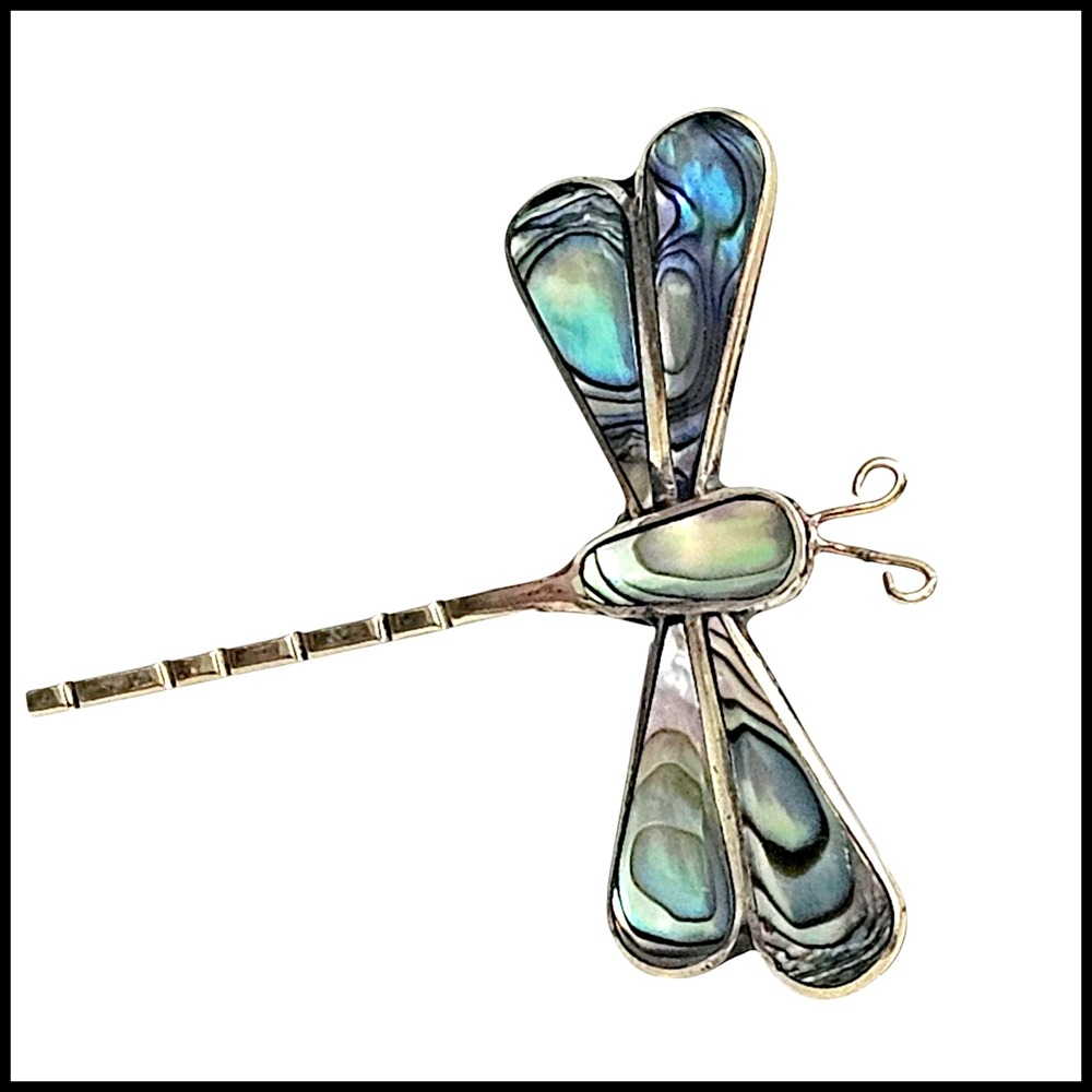 Dragonfly Brooch Pin Abalone Paua Shell Silver Tone Costume Jewelry Mexico